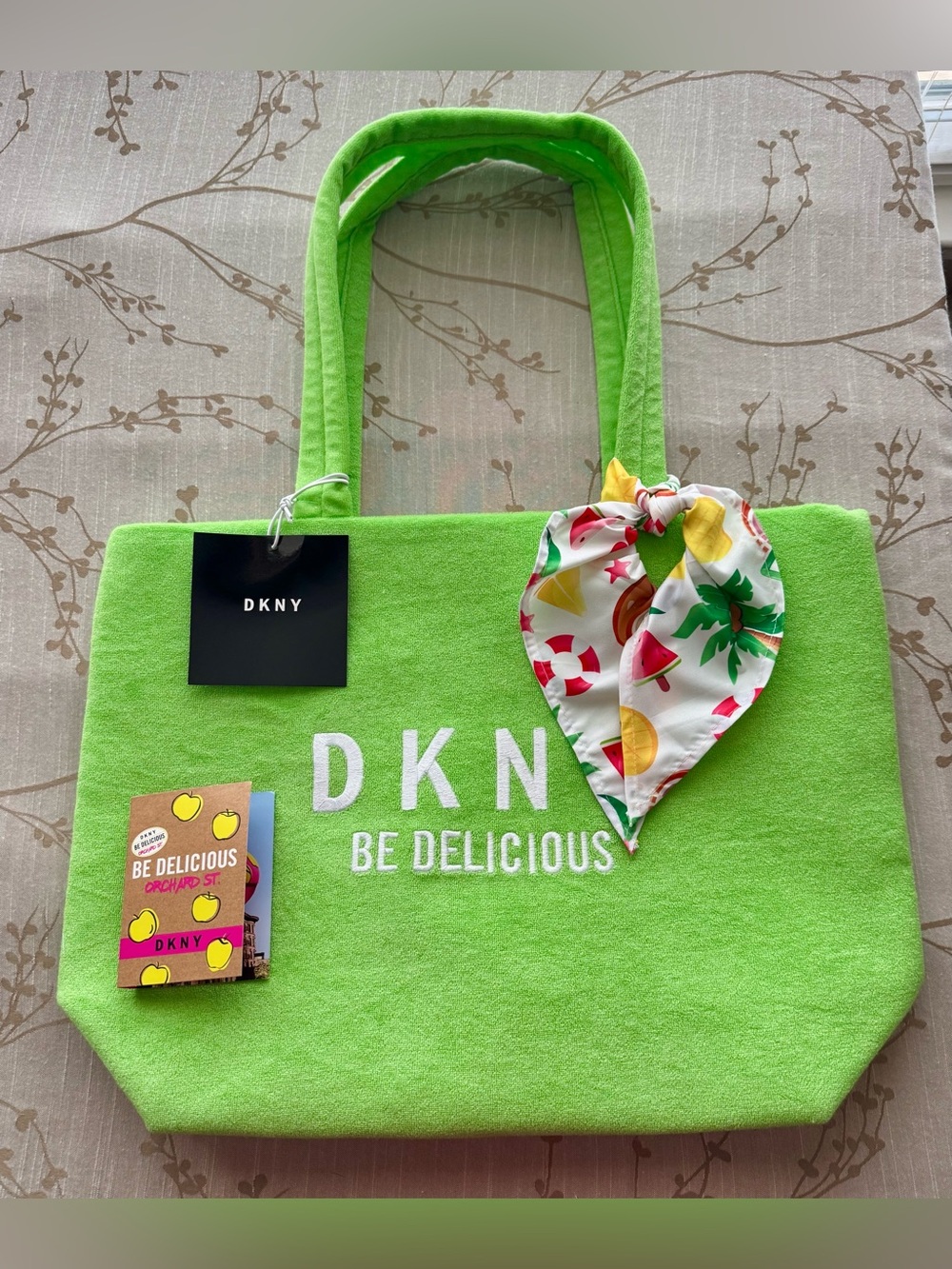 DKNY Lime Green 'Be Delicious' Tote with Fruit-Print Scarf